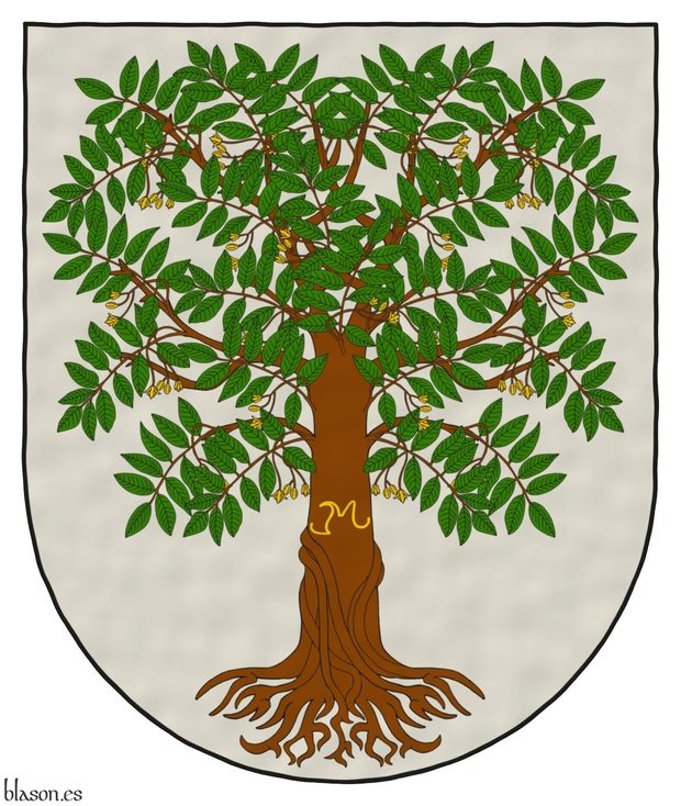 Escudo de plata, un cedro macho arrancado al natural, frutado de oro, su tronco cargado de las iniciales �JML� de oro, hechas a hierro de marcar.