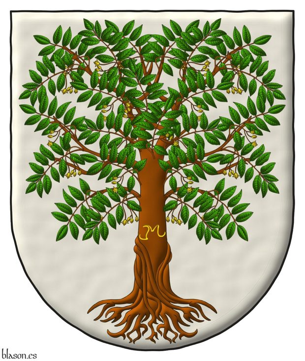 Escudo de plata, un cedro macho arrancado al natural, frutado de oro, su tronco cargado de las iniciales �JML� de oro, hechas a hierro de marcar.