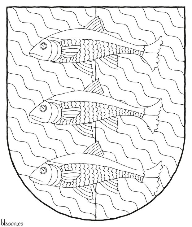Escudo partido: 1o bandado ondado de azur y oro; 2o bandado ondado de azur y plata; brochante sobre el todo tres peces nadantes en palo de plata.