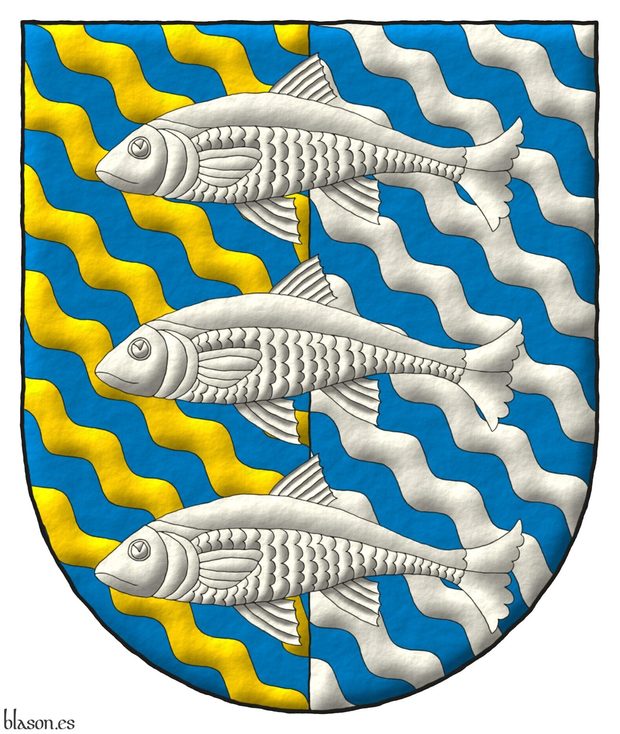 Escudo partido: 1o bandado ondado de azur y oro; 2o bandado ondado de azur y plata; brochante sobre el todo tres peces nadantes en palo de plata.