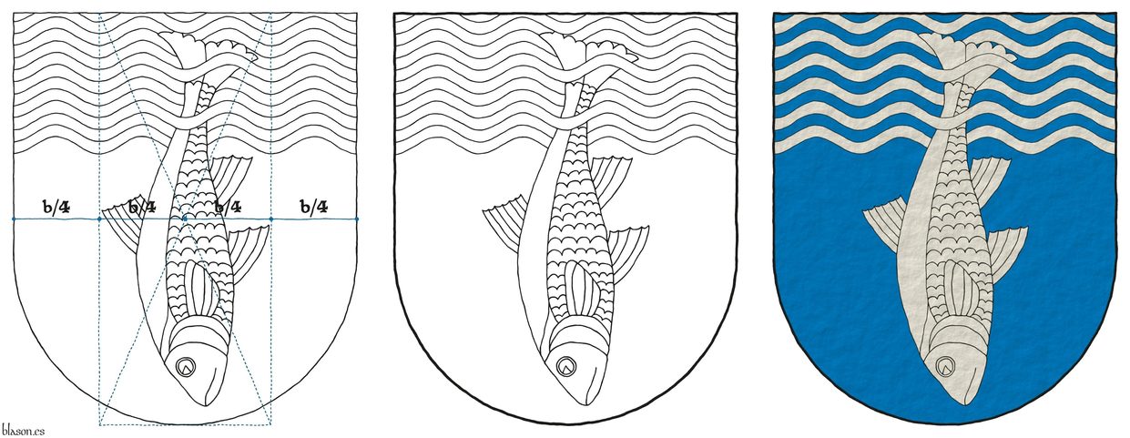 Escudo de azur, un jefe ondado y burelado ondado de doce piezas de azur y plata, resaltado y entrelazado de un pez sumergido de plata.