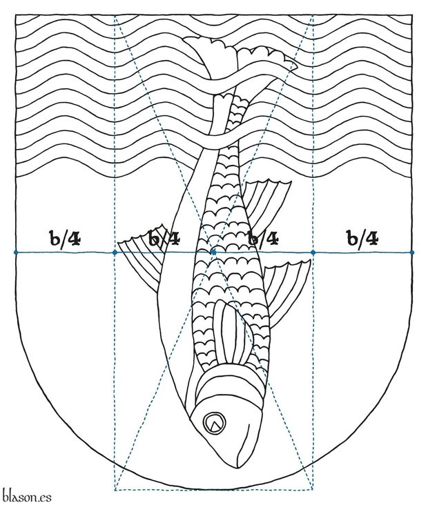 Escudo de azur, un jefe ondado y burelado ondado de doce piezas de azur y plata, resaltado y entrelazado de un pez sumergido de plata.