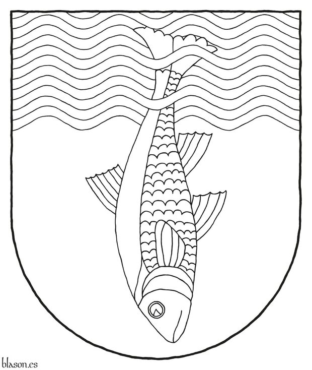 Escudo de azur, un jefe ondado y burelado ondado de doce piezas de azur y plata, resaltado y entrelazado de un pez sumergido de plata.