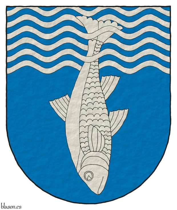 Escudo de azur, un jefe ondado y burelado ondado de doce piezas de azur y plata, resaltado y entrelazado de un pez sumergido de plata.