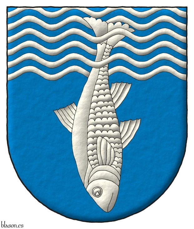 Escudo de azur, un jefe ondado y burelado ondado de doce piezas de azur y plata, resaltado y entrelazado de un pez sumergido de plata.
