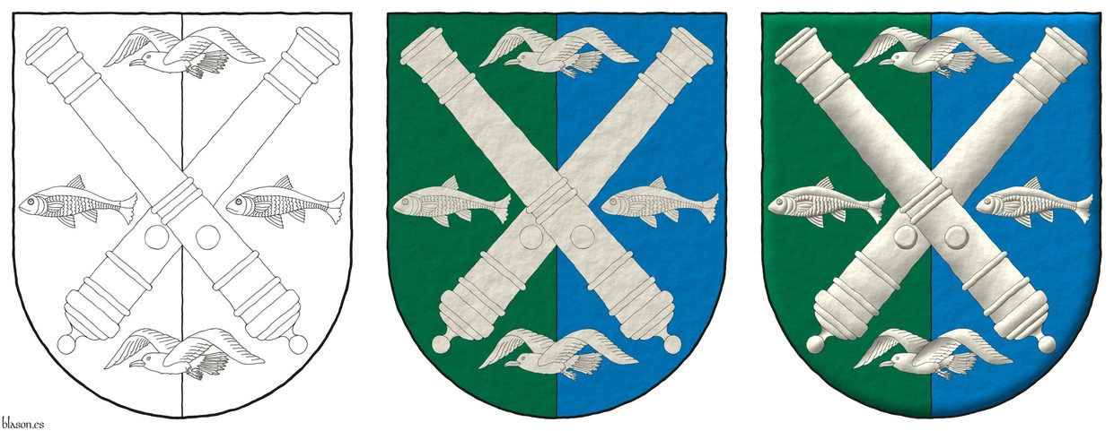 Party per pale Vert and Azure, overall two cannons dismounted in saltire, between two seagulls volant in pale, and two fish naiant in fess Argent.