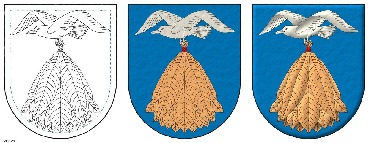 Escudo de azur, una gaviota volante de plata, llevando entre sus patas una gavilla de tabaco al natural, liada de gules.