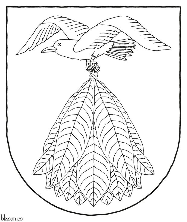 Escudo de azur, una gaviota volante de plata, llevando entre sus patas una gavilla de tabaco al natural, liada de gules.
