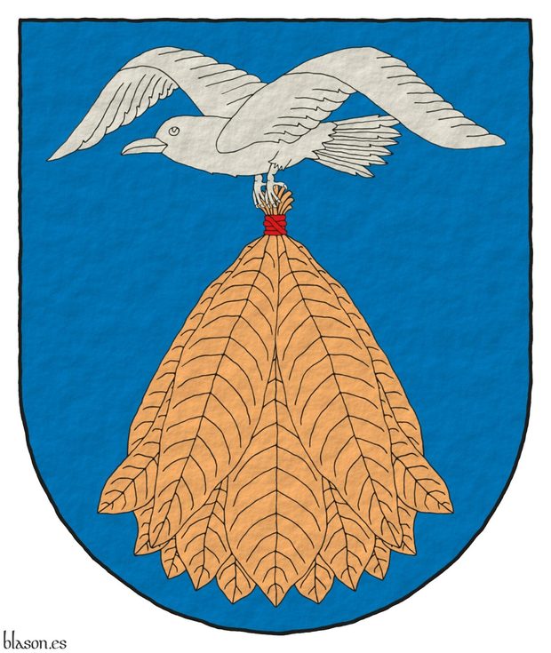 Escudo de azur, una gaviota volante de plata, llevando entre sus patas una gavilla de tabaco al natural, liada de gules.