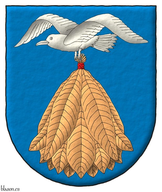 Escudo de azur, una gaviota volante de plata, llevando entre sus patas una gavilla de tabaco al natural, liada de gules.