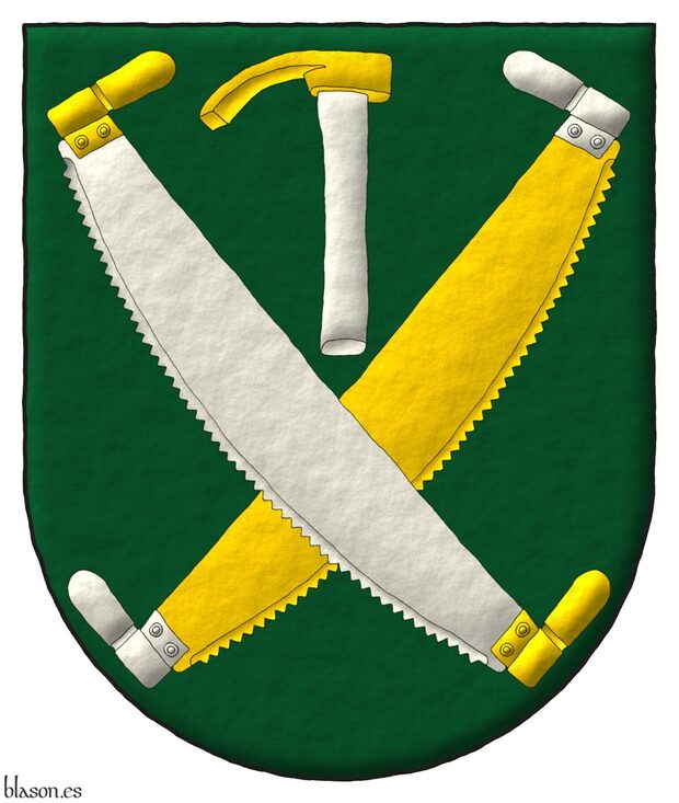Escudo de sinople, dos sierras de dos manos en sotuer, la que est� puesta en banda de plata, encabada de oro, la que est� puesta en barra de oro, encabada de plata, en jefe una azuela de oro, encabada de plata.