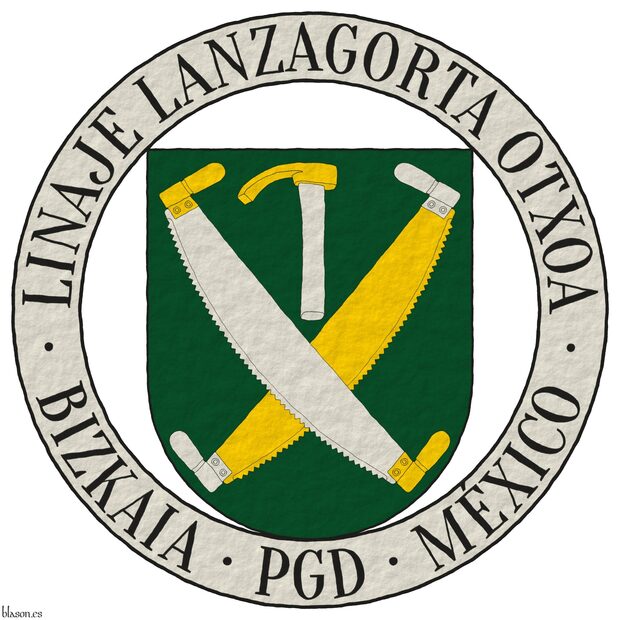 Escudo de sinople, dos sierras de dos manos en sotuer, la que est� puesta en banda de plata, encabada de oro, la que est� puesta en barra de oro, encabada de plata, en jefe una azuela de oro, encabada de plata. El escudo est� rodeado de un anillete de plata inscrito en jefe la divisa �Linaje Lanzagorta Otxoa� y en punta con �Bizkaia � PDG � M�xico� ambas de sable.