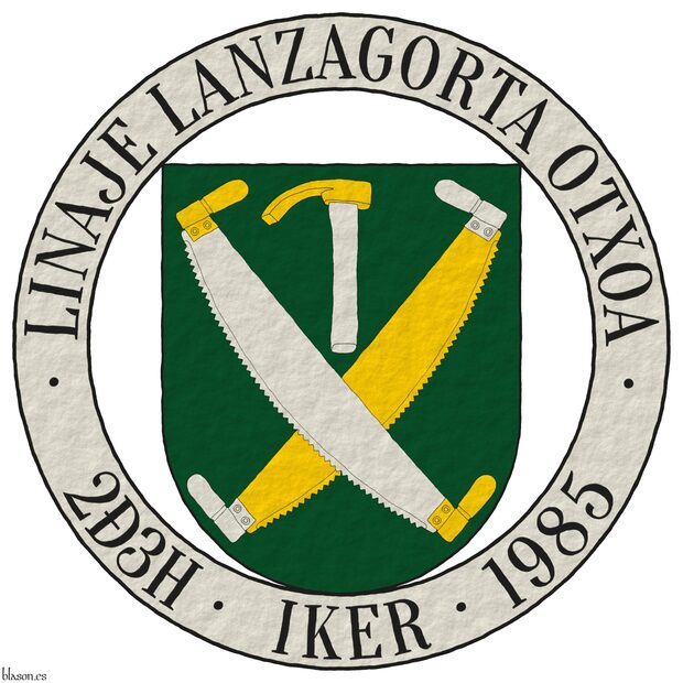 Vert, two two-man cross-cut saws in saltire, the one bendwise Argent, handled Or, the one bend sinisterwise Or, handled Argent, in chief an adze Or, handled Argent. The shield is surrounded by an annulet Argent inscribed in chief with the motto �Linaje Lanzagorta Otxoa� and in base with �2�3H � Iker � 1985� Sable.