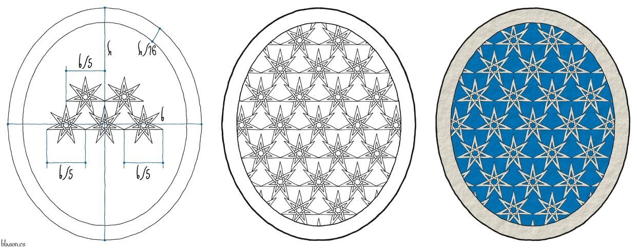 Azure sem� of mullets of seven points voided, interlaced, and conjoined Argent; a bordure Argent.