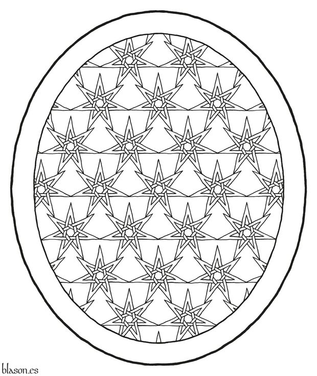 Escudo de azur sembrado de estrellas de siete puntas, huecas y entrelazadas de plata, unidas por las puntas; una filiera de plata.