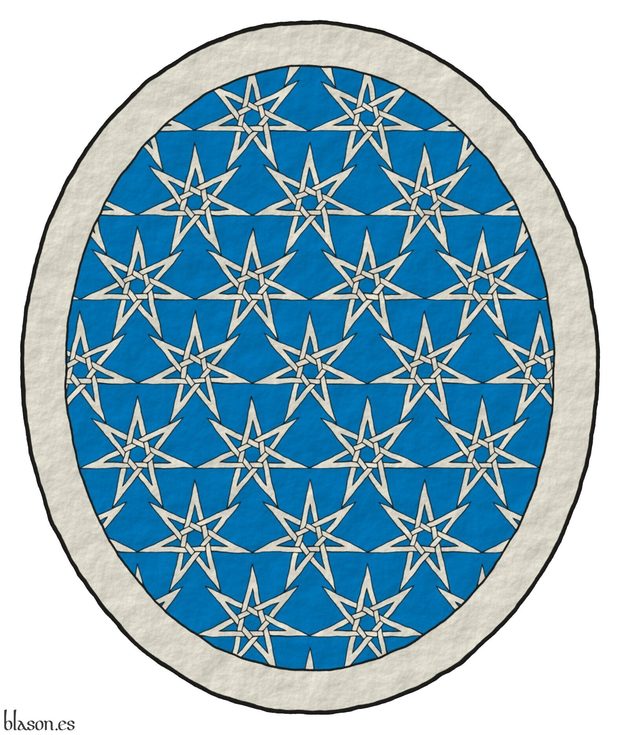 Escudo de azur sembrado de estrellas de siete puntas, huecas y entrelazadas de plata, unidas por las puntas; una filiera de plata.