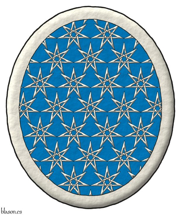 Escudo de azur sembrado de estrellas de siete puntas, huecas y entrelazadas de plata, unidas por las puntas; una filiera de plata.