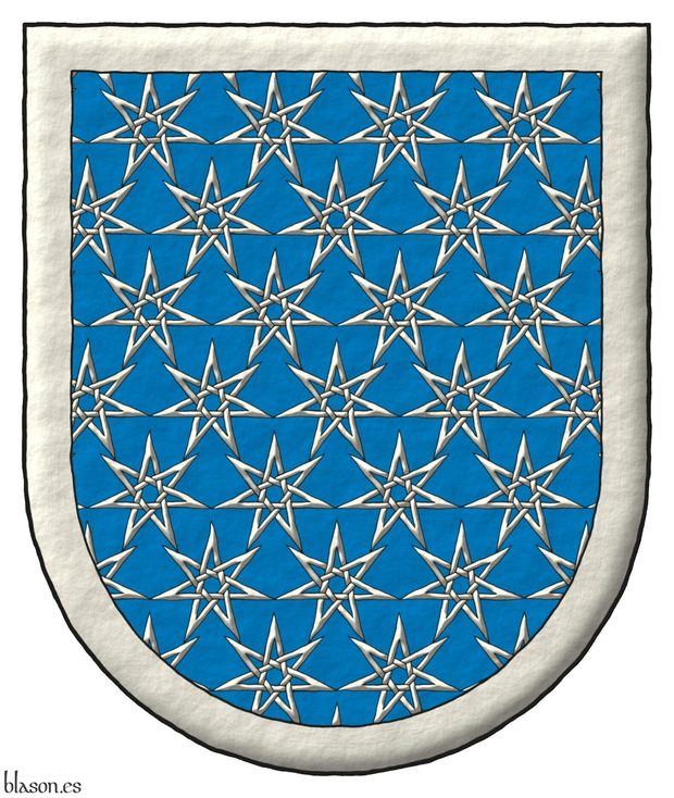 Escudo de azur sembrado de estrellas de siete puntas, huecas y entrelazadas de plata, unidas por las puntas; una filiera de plata.
