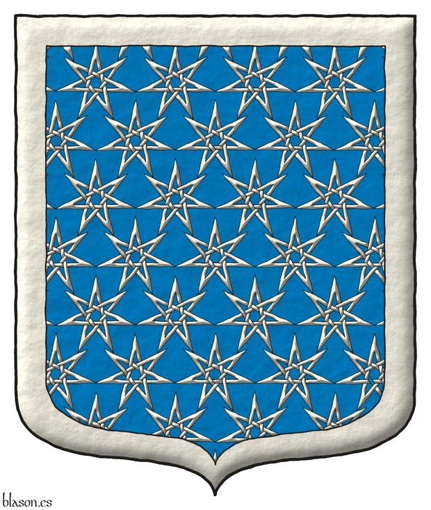 Escudo de azur sembrado de estrellas de siete puntas, huecas y entrelazadas de plata, unidas por las puntas; una filiera de plata.