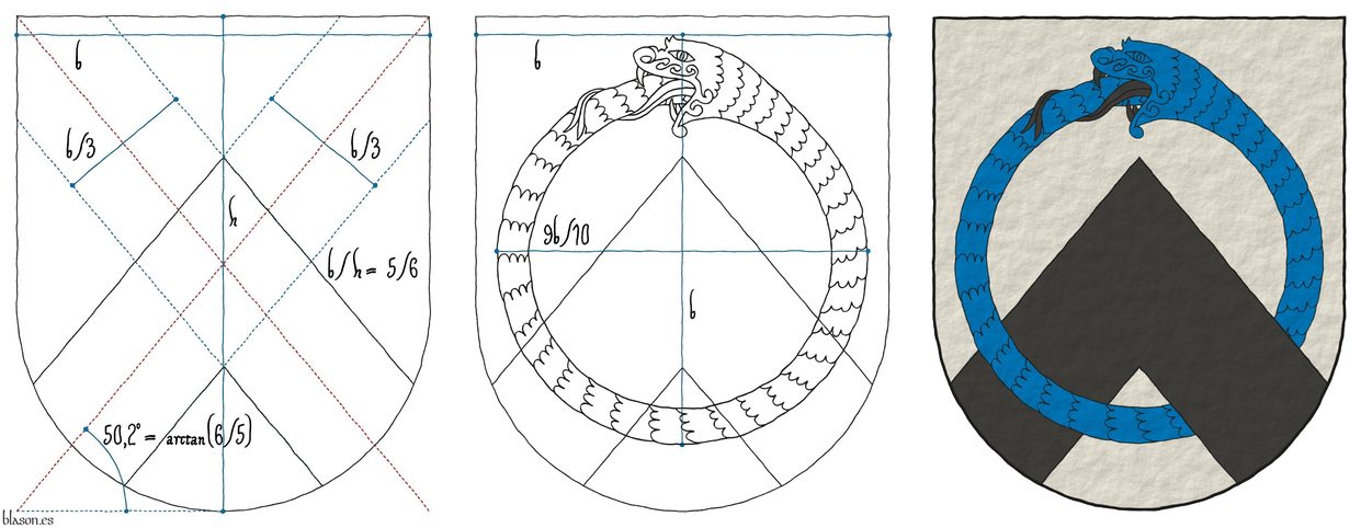 Argent, a chevron Sable and an ouroboros Azure, armed and langued Sable, interlaced.