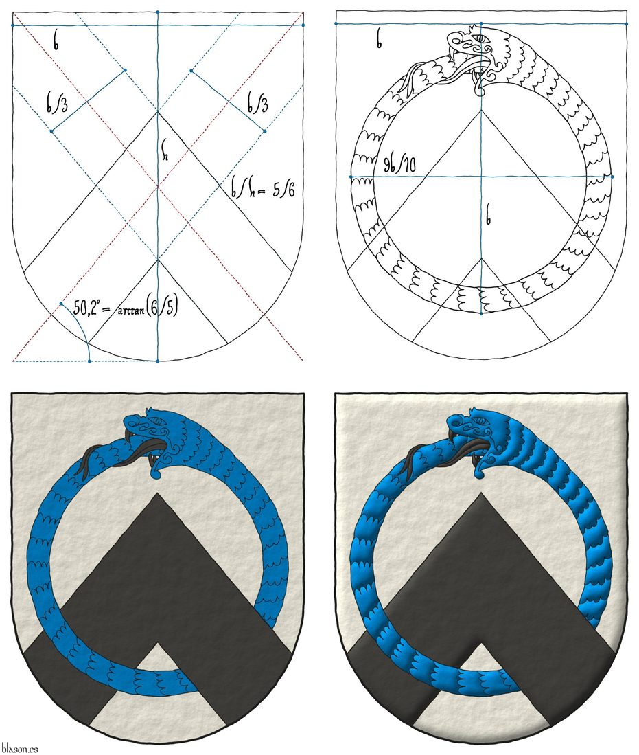 Argent, a chevron Sable and an ouroboros Azure, armed and langued Sable, interlaced.