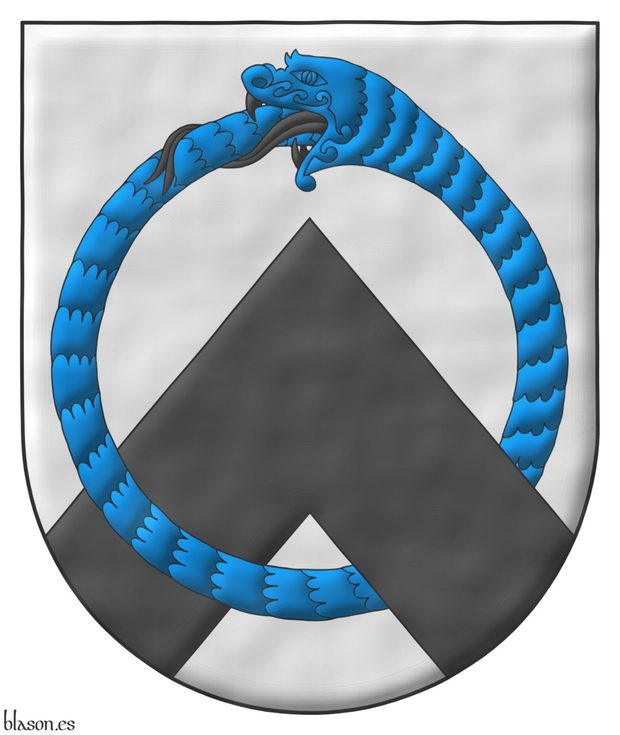 Argent, a chevron Sable and an ouroboros Azure, armed and langued Sable, interlaced.