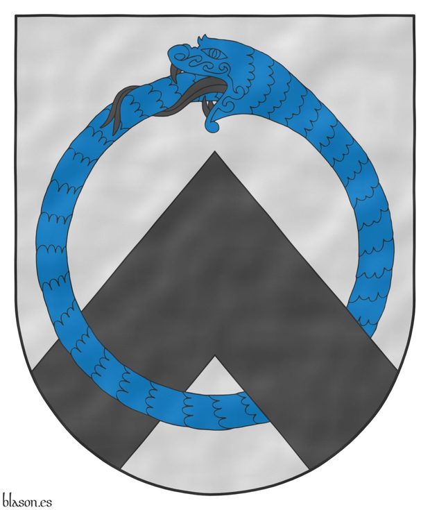 Argent, a chevron Sable and an ouroboros Azure, armed and langued Sable, interlaced.