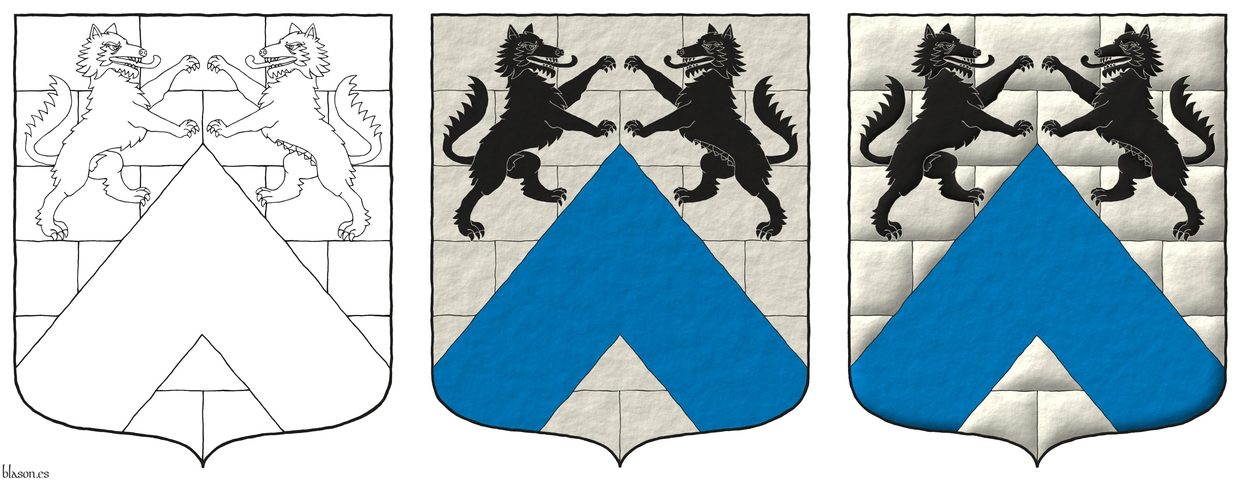 Argent masoned Sable, a chevron Azure, in chief a wolf and a she-wolf combatant Sable.