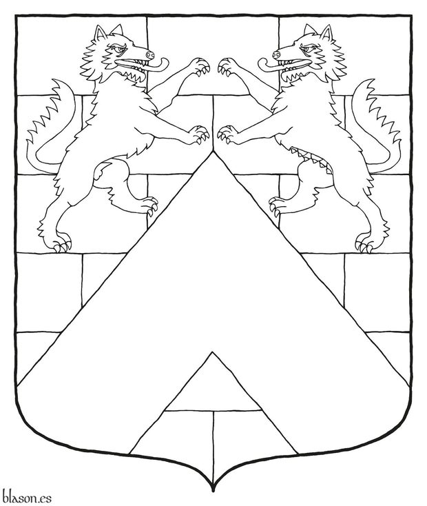 Argent masoned Sable, a chevron Azure, in chief a wolf and a she-wolf combatant Sable.