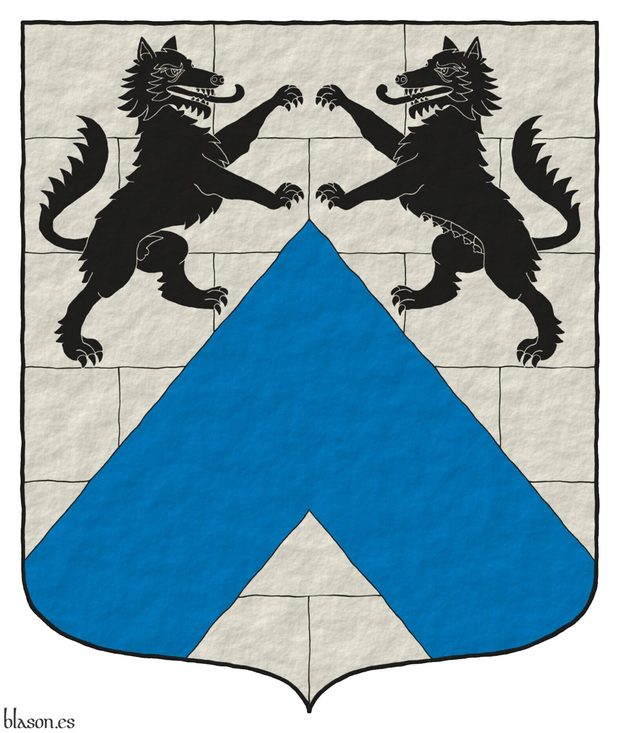 Argent masoned Sable, a chevron Azure, in chief a wolf and a she-wolf combatant Sable.