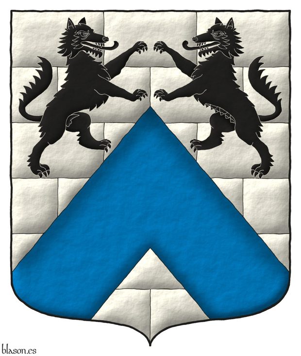 Argent masoned Sable, a chevron Azure, in chief a wolf and a she-wolf combatant Sable.