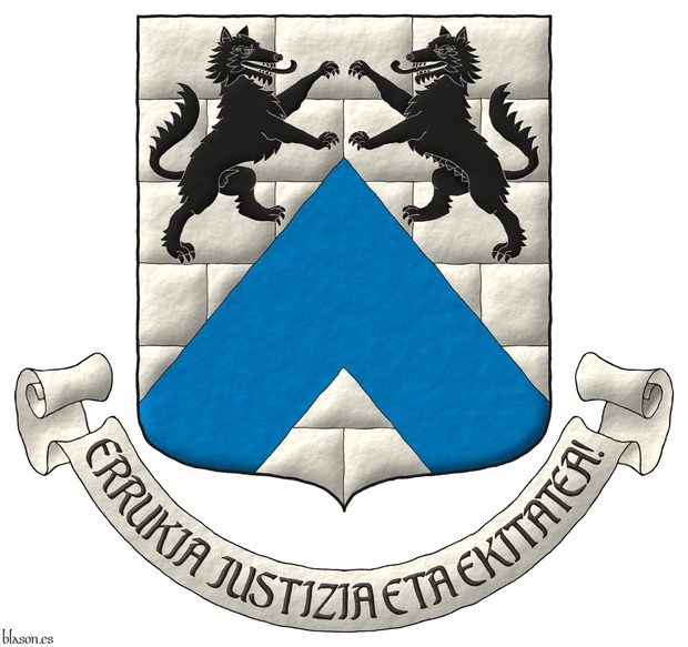 Argent masoned Sable, a chevron Azure, in chief a wolf and a she-wolf combatant Sable. Motto: Errukia justizia eta ekitatea!.