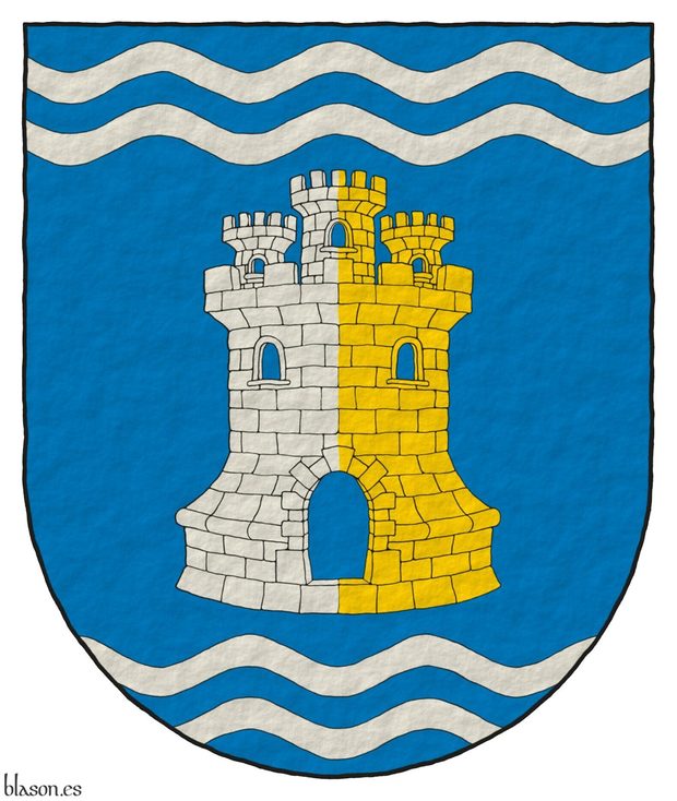 Azure, a castle triple-towered per pale Argent and Or, masoned Sable, port and windows Azure, between in chief two bars wavy Argent, in base two bars wavy Argent.