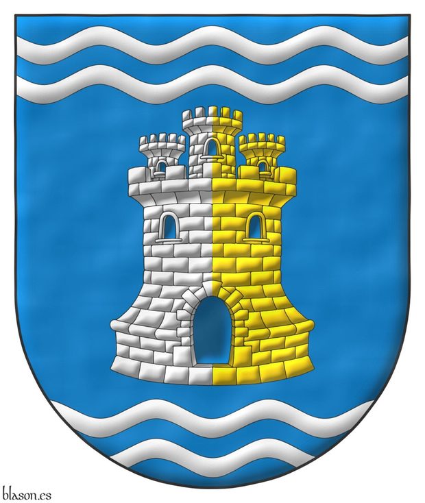 Azure, a castle triple-towered per pale Argent and Or, masoned Sable, port and windows Azure, between in chief two bars wavy Argent, in base two bars wavy Argent.