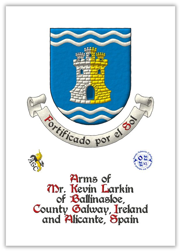 Azure, a castle triple-towered per pale Argent and Or, masoned Sable, port and windows Azure, between in chief two bars wavy Argent, in base two bars wavy Argent. Motto: Fortificado por el Sol.