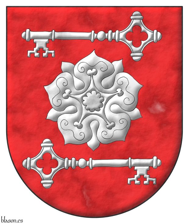 Escudo de gules, una rosa acompaada en jefe de una llave con el dentado hacia la diestra y abajo, en punta de una llave con el dentado hacia la siniestra y abajo, todo de plata.