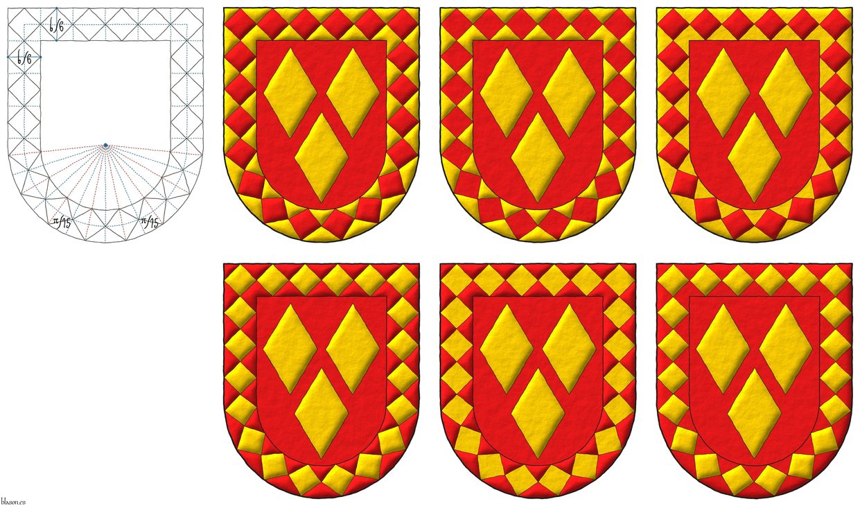 Gules, three lozenges Or; a bordure lozengy Gules and Or.