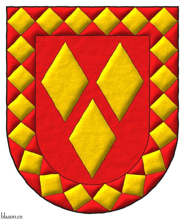 Escudo de gules, tres losanjes de oro; una bordura losanjada de gules y oro.