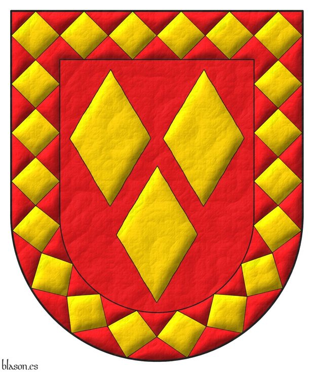 Gules, three lozenges Or; a bordure lozengy Gules and Or.