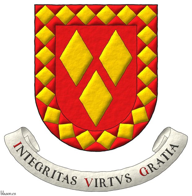 Escudo de gules, tres losanjes de oro; una bordura losanjada de gules y oro. Lema: Integritas Virtus Gratia de sable, con letras iniciales de gules, sobre una filacteria de plata.