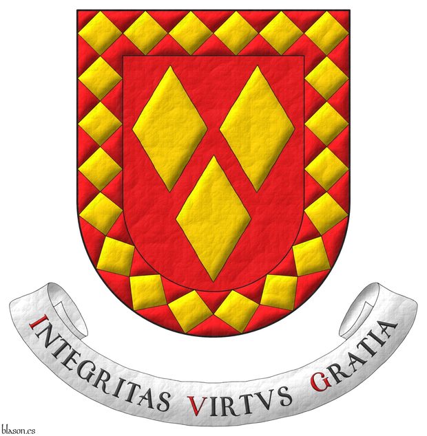 Gules, three lozenges Or; a bordure lozengy Gules and Or. Motto: Integritas Virtus Gratia Sable, with initial letters Gules, over a scroll Argent.