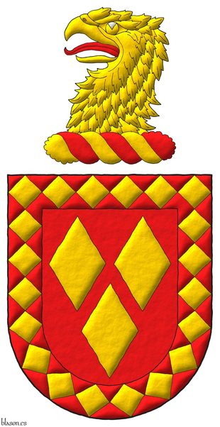 Escudo de gules, tres losanjes de oro; una bordura losanjada de gules y oro. Timbrado de un burelete de oro y gules cimado de una cabeza de guila arrancada de oro, lampasada de gules.