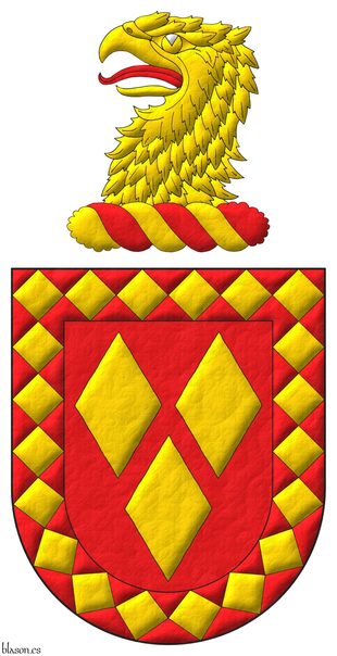 Gules, three lozenges Or; a bordure lozengy Gules and Or. Crest: Upon a wreath Or and Gules, an eagles head erased Or, langued Gules.