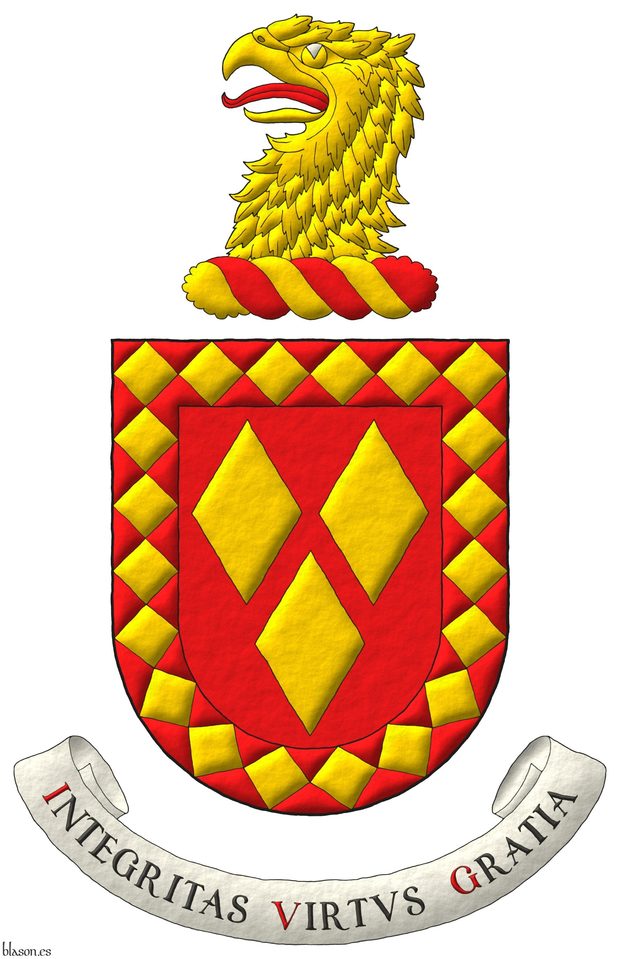 Escudo de gules, tres losanjes de oro; una bordura losanjada de gules y oro. Timbrado de un burelete de oro y gules cimado de una cabeza de guila arrancada de oro, lampasada de gules. Lema: Integritas Virtus Gratia de sable, con letras iniciales de gules, sobre una filacteria de plata.