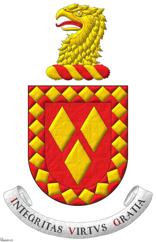 Gules, three lozenges Or; a bordure lozengy Gules and Or. Crest: Upon a wreath Or and Gules, an eagles head erased Or, langued Gules. Motto: Integritas Virtus Gratia Sable, with initial letters Gules, over a scroll Argent.