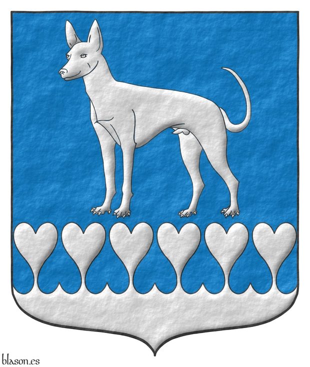 Escudo de azur: un podenco de plata, parado; la campaña encajada de corazones de plata.