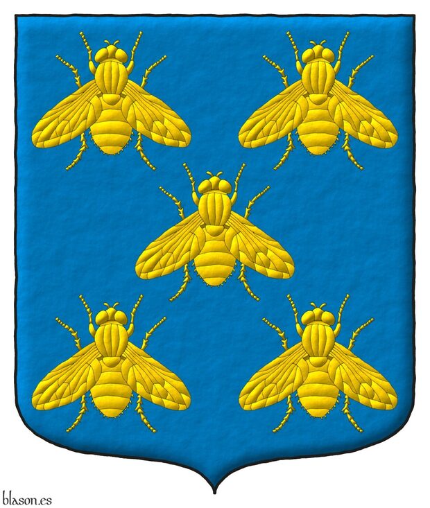 Azure, five flies in saltire Or.