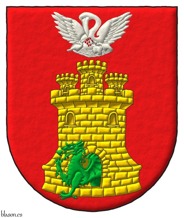 Escudo de gules, un castillo de oro, mazonado de sable y saliendo por su puerta un dragn pasante de sinople, en jefe un pelcano desplegado de plata, la piedad de gules.