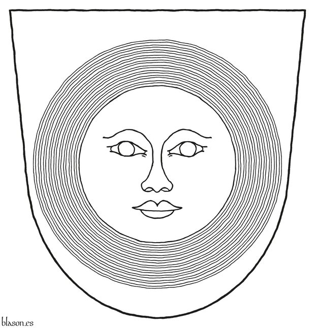 Azure, a moon with human face environed by nine concentric annulets Argent.
