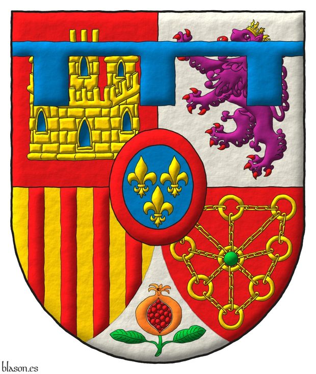 Quarterly: 1 Gules, a castle triple-towered Or, port and windows Azure, masoned Sable [for Castile]; 2 Argent, a lion rampant Purple, armed and langued Gules, crowned Or [for Leon]; 3 Or, four pallets Gules [for Aragon]; 4 Gules, a chain orlewise, crosswise, and saltirewise Or, charged in the fess point with an emerald Vert [for Navarre]; ent en point Argent, a pomegranate proper, seeded Gules, slipped and leaved Vert [for Granada]; an inescutcheon Azure, three fleurs de lis Or, 2 and 1, a bordure Gules [for Bourbon]; the whole debruised by a label of three points Azure.